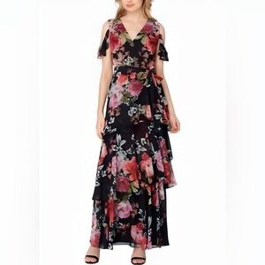 Tahari ASL Cold Shoulder Floral Chiffon Maxi Gown (1084)